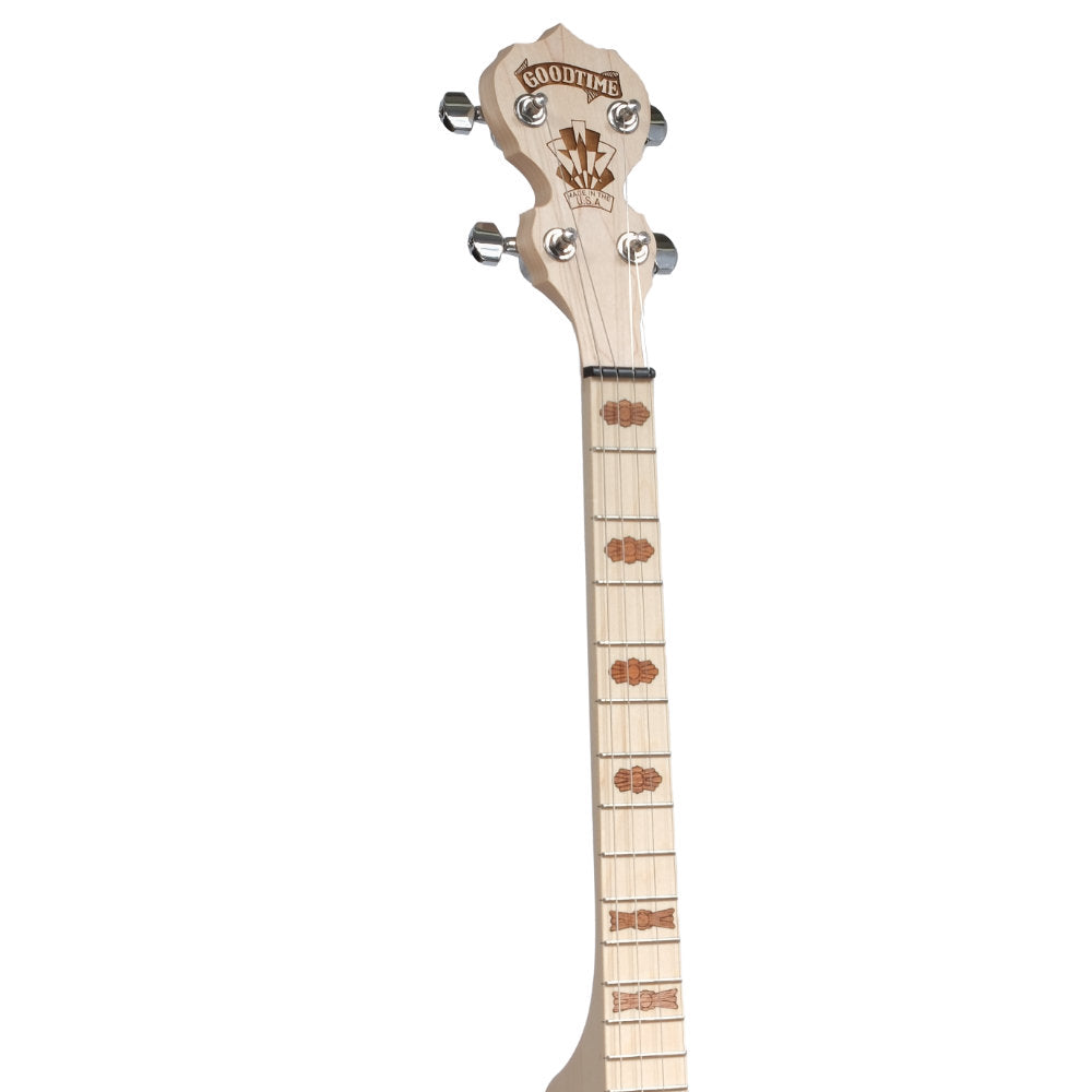 Deering Goodtime 17 Fret Tenor banjo - front of neck at an angle