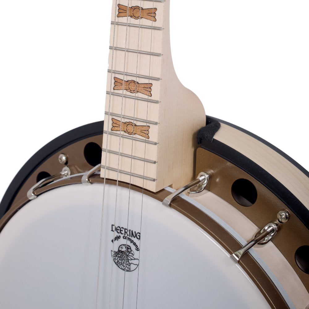 Goodtime Two 19-Fret Tenor Banjo neck and pot from the right