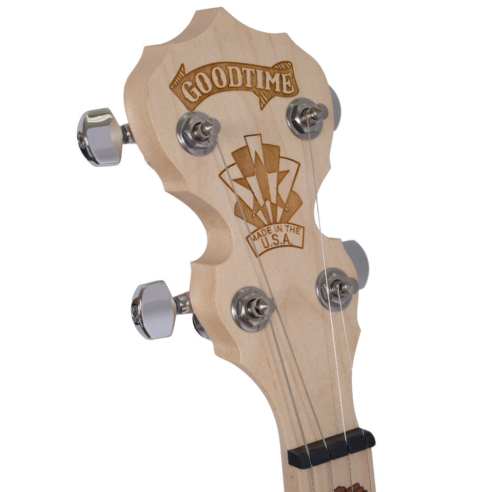 Goodtime Two 19-Fret Tenor Banjo peghead from the left