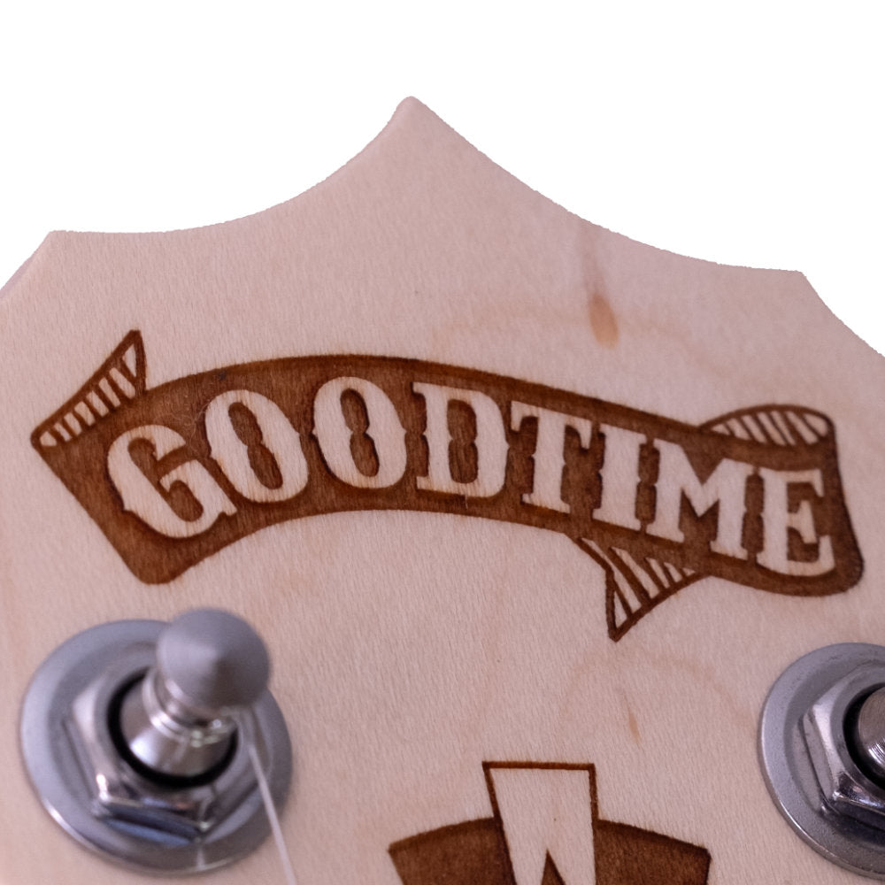 Goodtime Two 5-String Banjo - front - straight - peghead - logo - angle