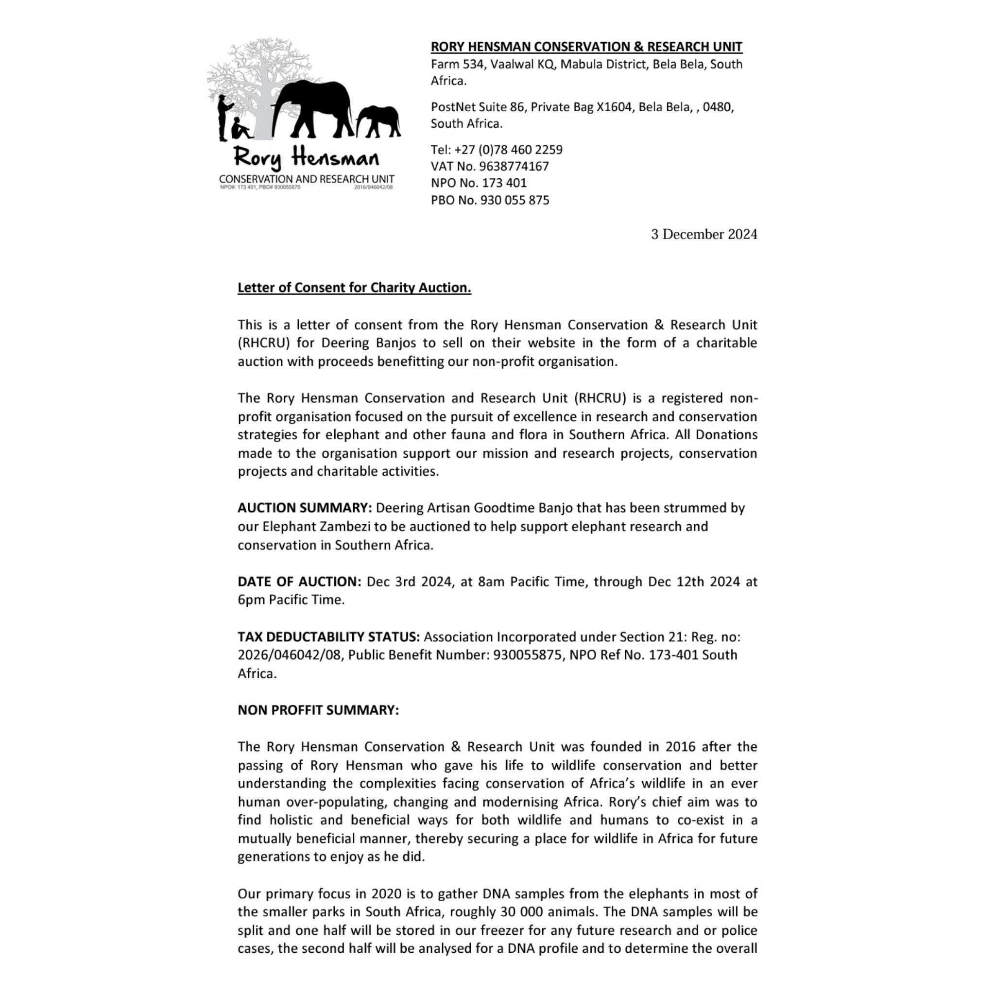 Letter of Consent to Run the Auction from the Rory Hensman Conservation and Research Unit